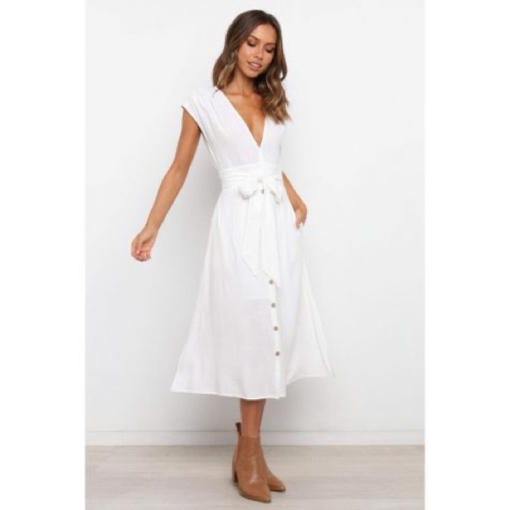Petal & Pup White Midi Dress with Waist Tie